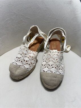 NWT Dalson Espadrille Crochet Lace Wedge Sandals Ankle Tie Ecru Size 9